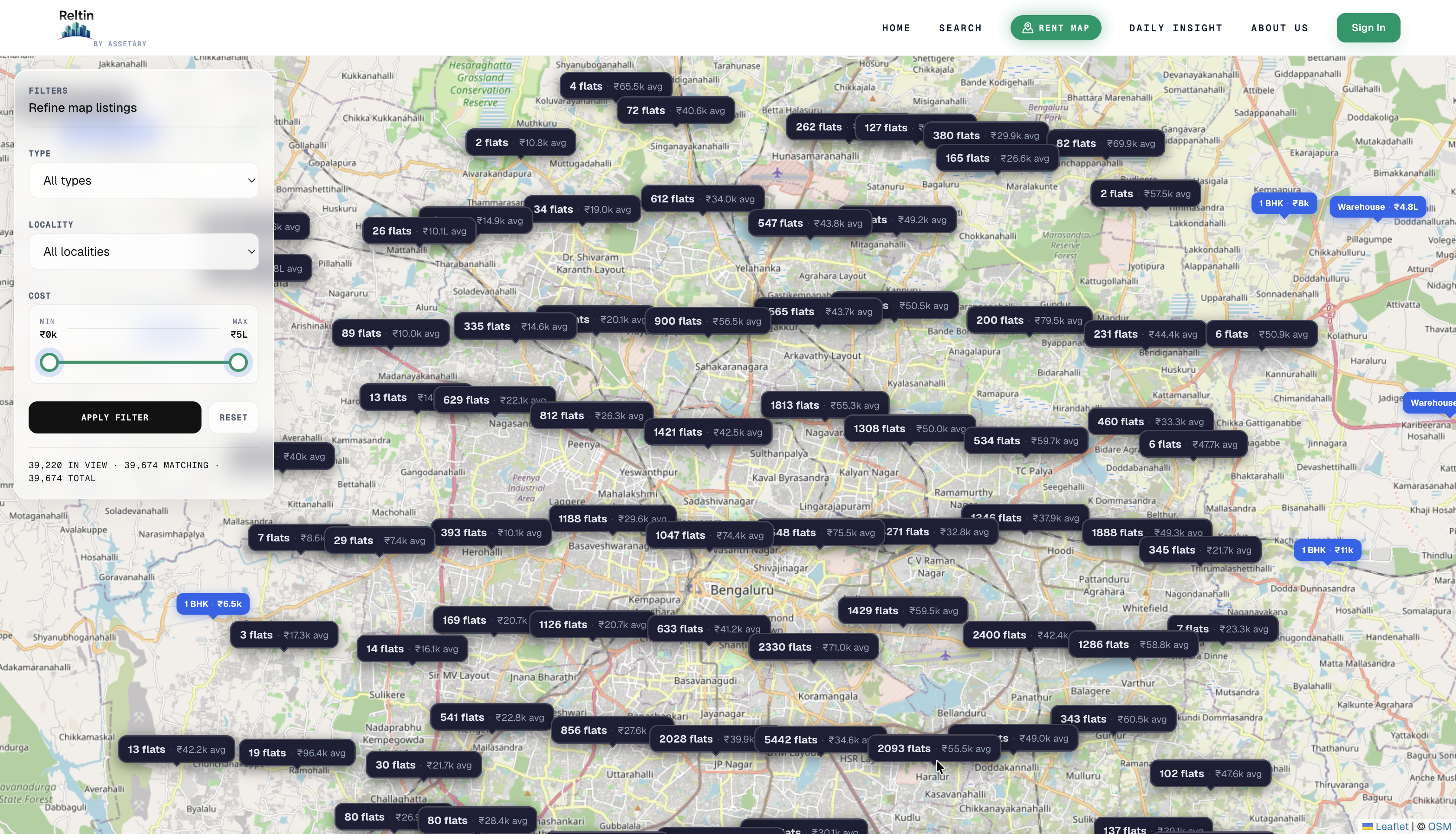Reltin Rent Map showing live rental listings across Bengaluru